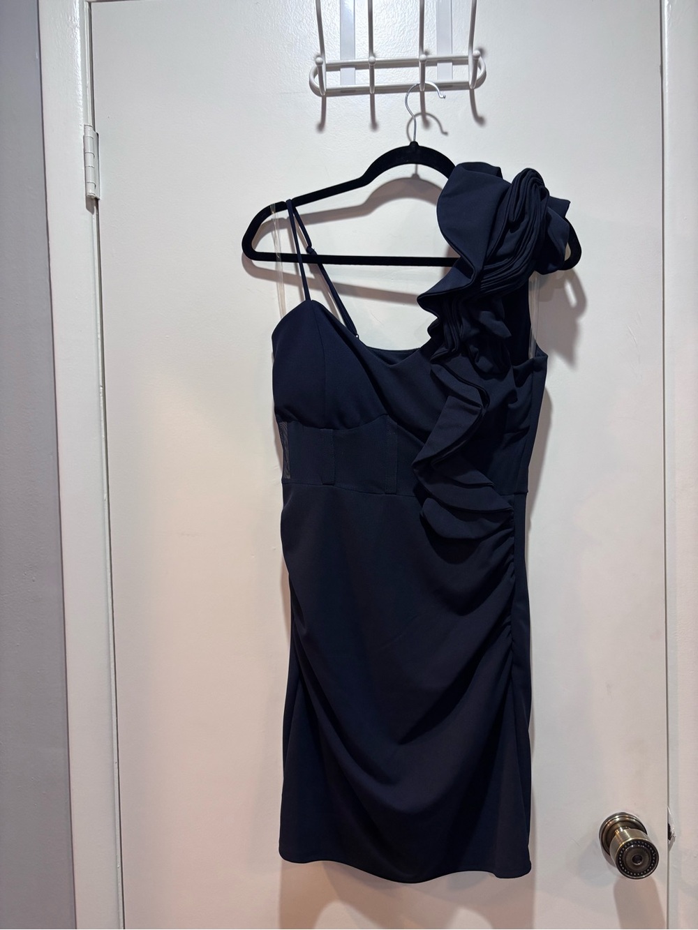 One-Shoulder Navy Ruffle Dress